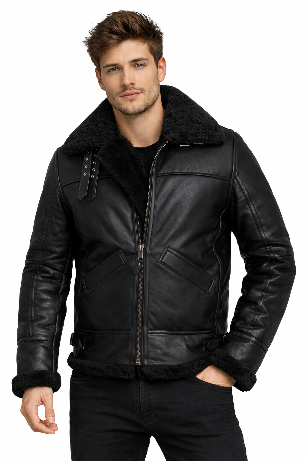 Cockpit Pilot RAF WWII Aviator B3 Military Black Bomber Jacket with Real Sheep Shearling
