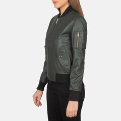 Women Green Leather Bomber Jacket