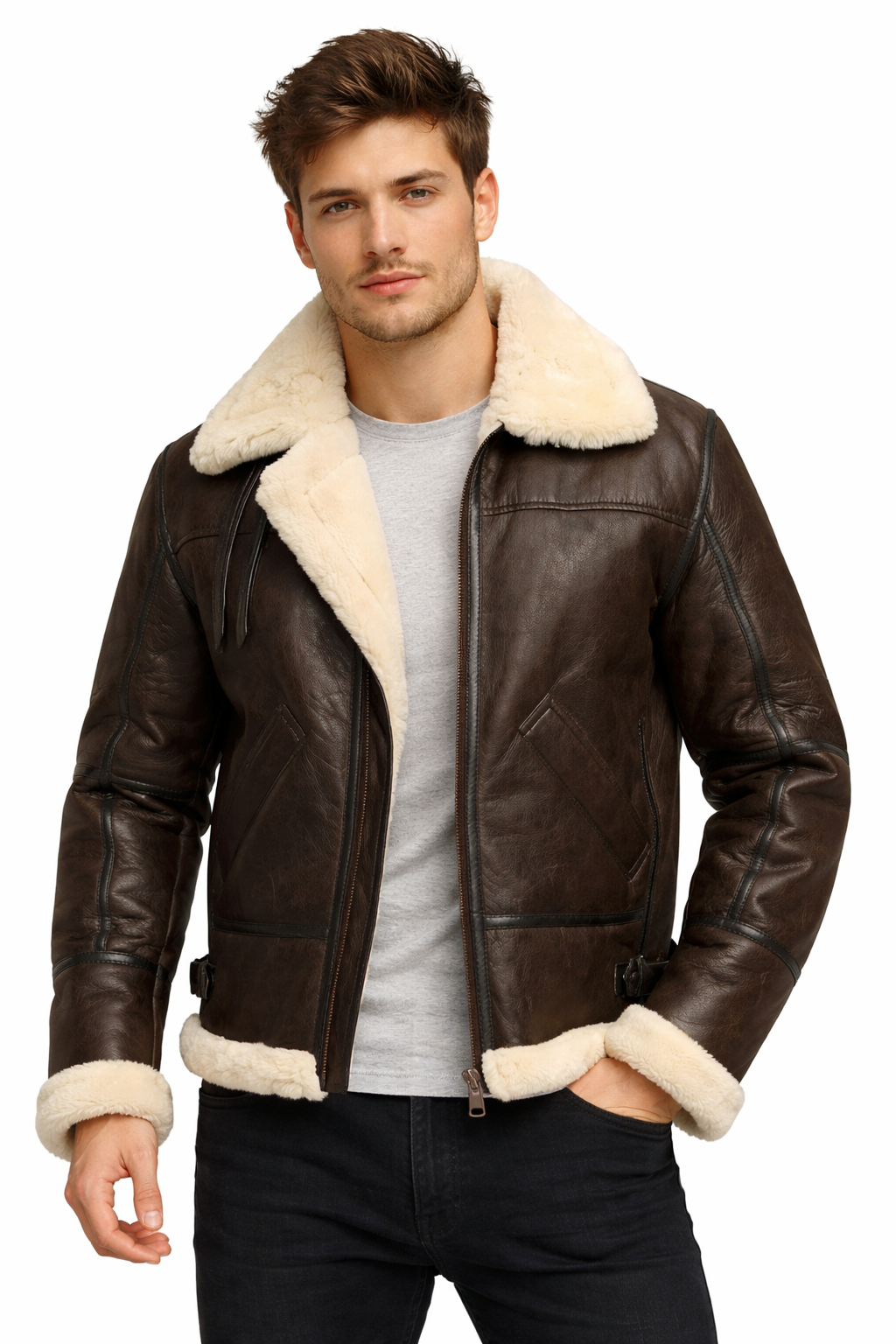 Cockpit Pilot Aviator Military Bomber Brown Leather Jacket with Warm Sheep Shearling for Men