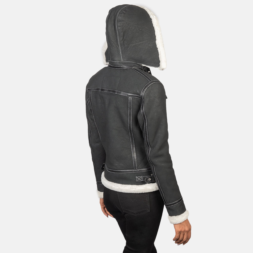 Saira Black Hooded Shearling Leather Women Jacket