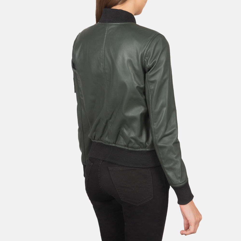 Women Green Leather Bomber Jacket