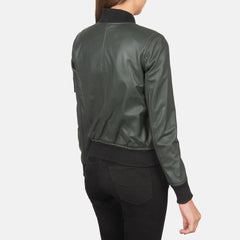 Women Green Leather Bomber Jacket