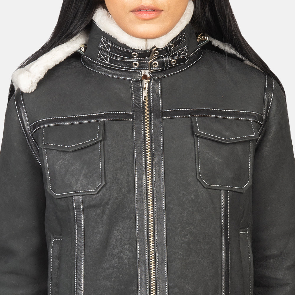 Saira Black Hooded Shearling Leather Women Jacket