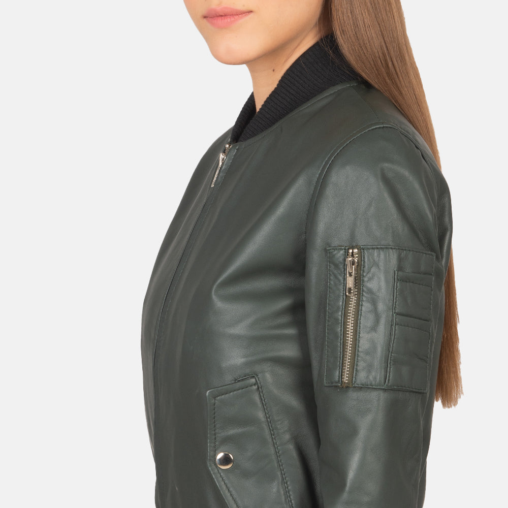 Women Green Leather Bomber Jacket