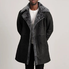 Harry Distressed Black Leather Shearling Double-Breasted Coat