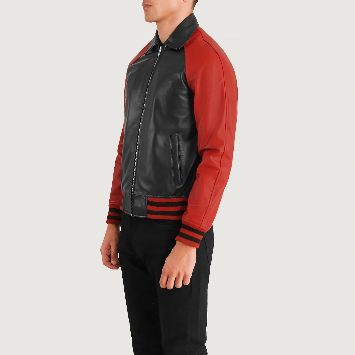Black Red Leather Varsity Jacket for men