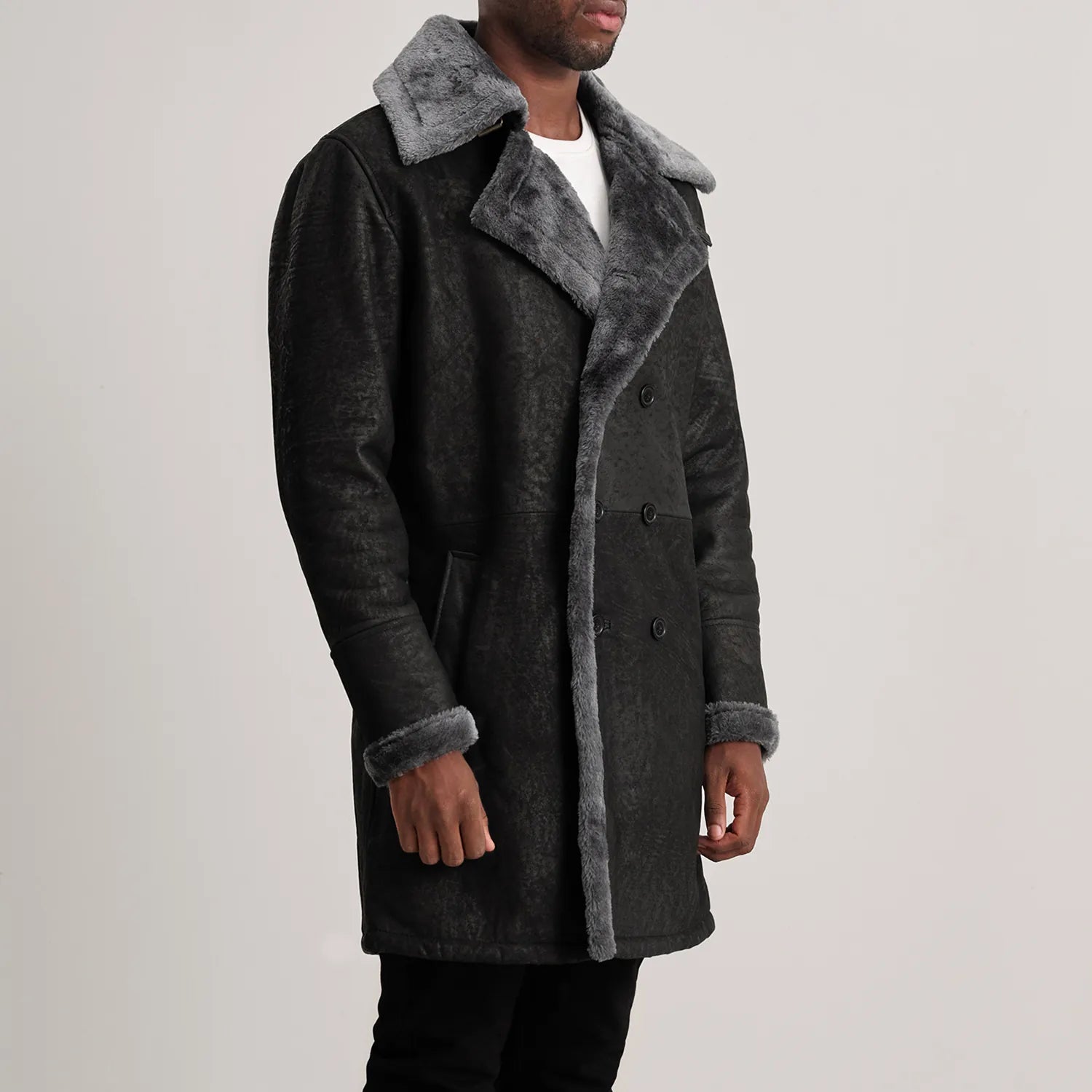Harry Distressed Black Leather Shearling Double-Breasted Coat