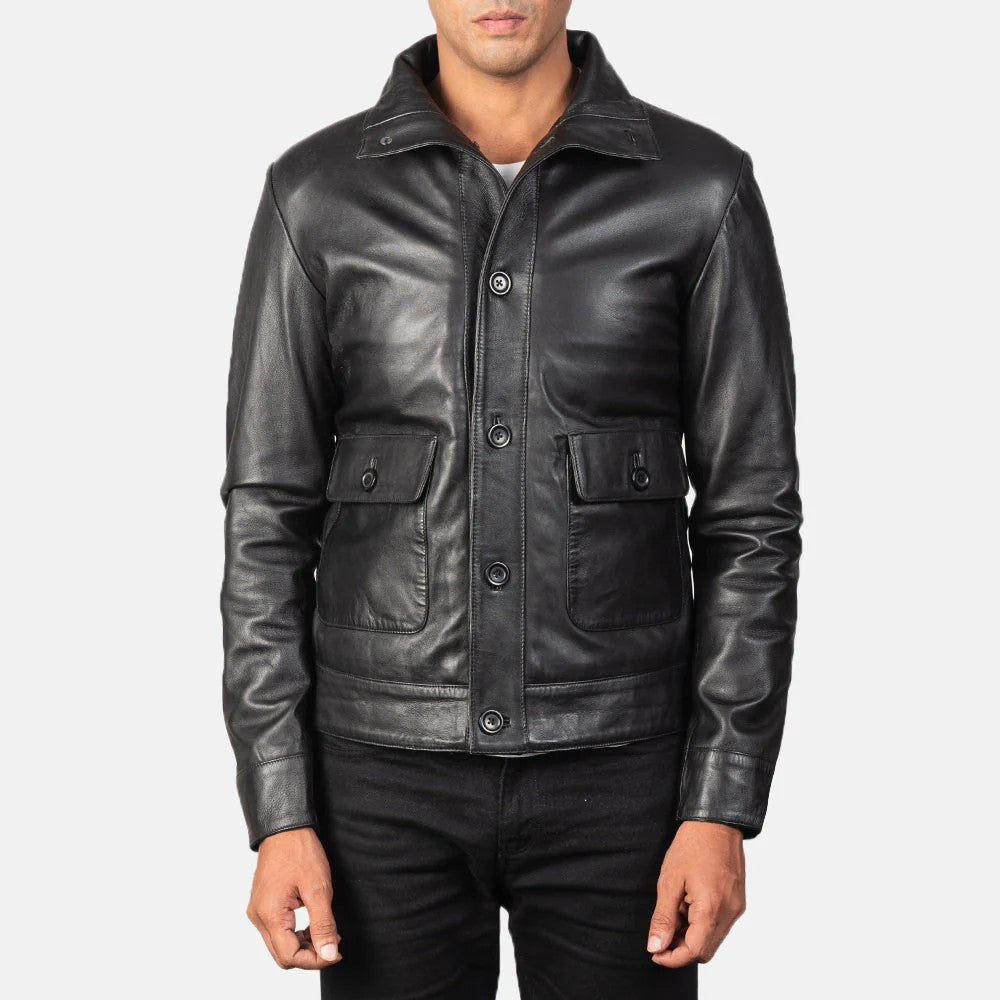 John  Black Leather Bomber Jacket — sleek, classic, and timeless.