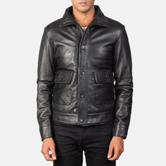 John  Black Leather Bomber Jacket — sleek, classic, and timeless.