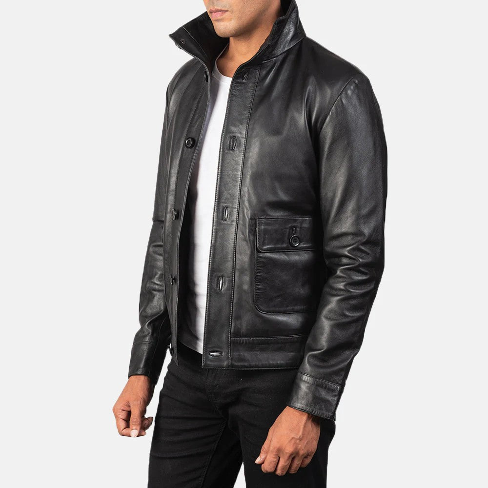 John  Black Leather Bomber Jacket — sleek, classic, and timeless.