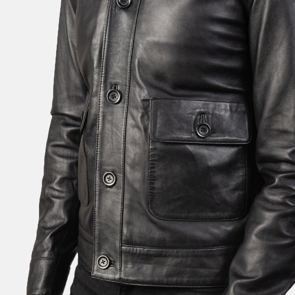 John  Black Leather Bomber Jacket — sleek, classic, and timeless.
