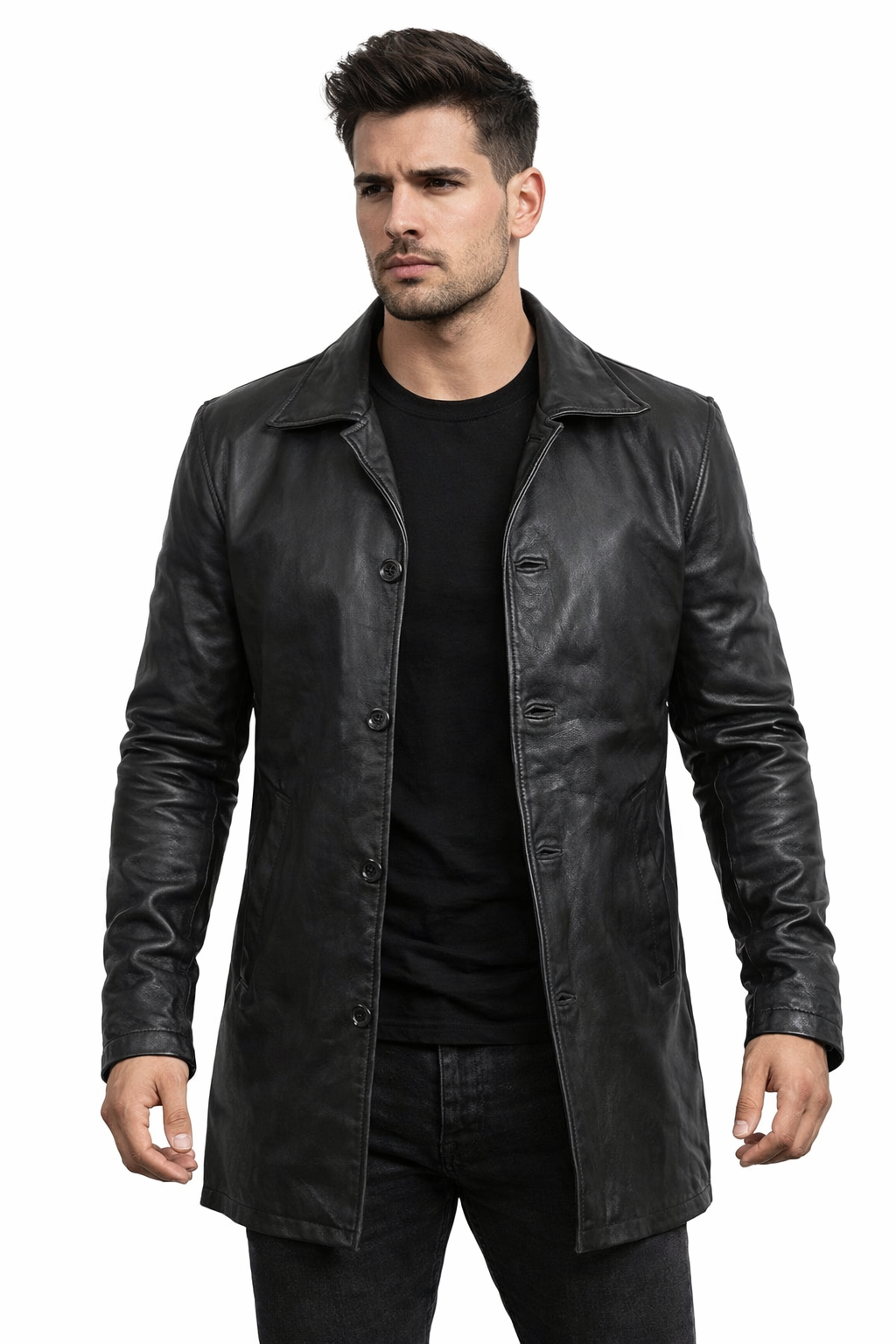 Men Piano Black Real Lambskin Long Length Leather Overcoat - 3/4 Length Genuine Leather Black Long Coat for Men