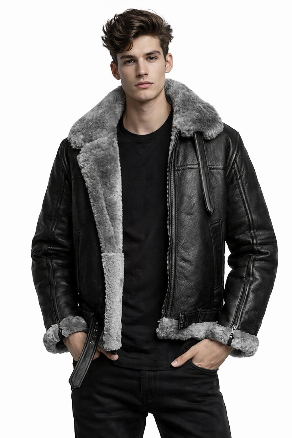 RAF Aviator B3 Bomber Black Fur Pilot Leather Jacket For men