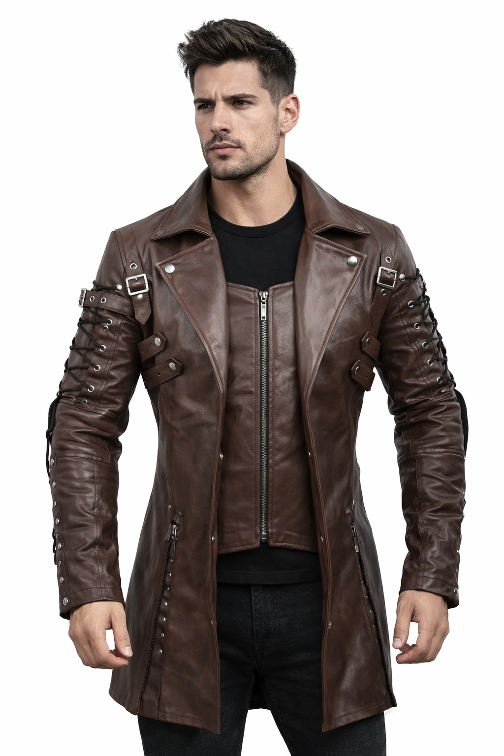 Men's Handmade Dracula Style Victorian Metrix Trench Coat - Dark Tan Victorian Cosplay Leather Trench Coat for Men