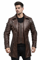 Men's Handmade Dracula Style Victorian Metrix Trench Coat - Dark Tan Victorian Cosplay Leather Trench Coat for Men