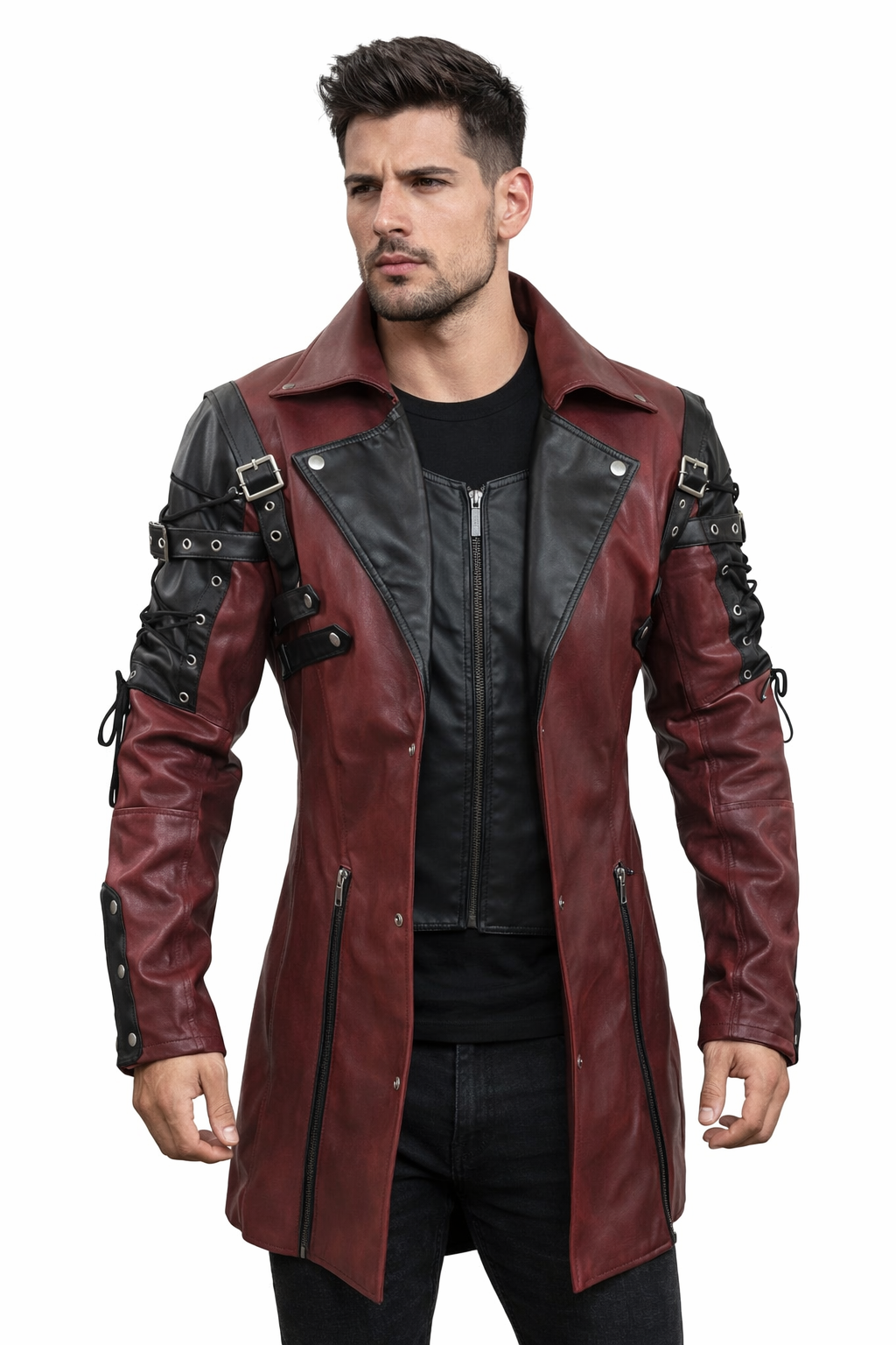 Men's Handmade Victorian Style Metrix Trench Coat - Halloween Dracula Red Leather Trench Coat for Men