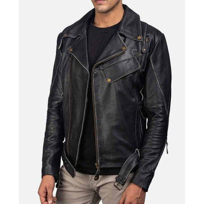 Quilted Dark Black Motorcycle Lambskin Lightweight Leather Jacket with Gold Zippers