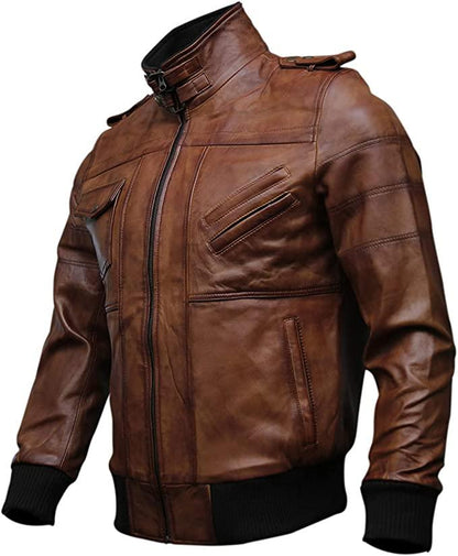 Casual Brown Bomber Leather Jacket with Removable Hood for Men - MNCLeather