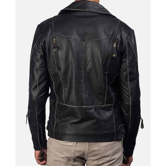 Quilted Dark Black Motorcycle Lambskin Lightweight Leather Jacket with Gold Zippers