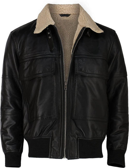 G1 Navy Cowhide Black Bomber Jacket for Men with Warm Sherpa Shearling for Winters - MNCLeather