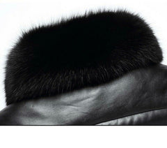 Mens Luxury Down Black Puffer Leather Jacket with Faux Fur Collar - MNCLeather