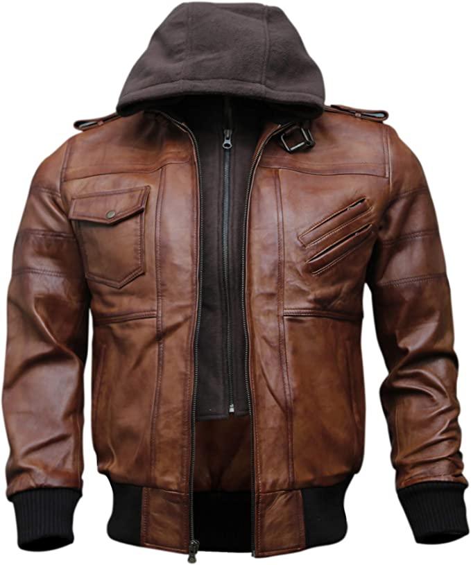Casual Brown Bomber Leather Jacket with Removable Hood for Men - MNCLeather