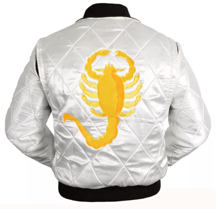 Ryan Gosling Drive Move White Satin Varsity Bomber Jacket with Golden Scorpion Embroidered Logo - MNCLeather