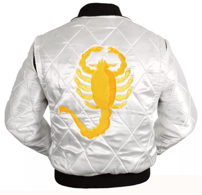 Ryan Gosling Drive Move White Satin Varsity Bomber Jacket with Golden Scorpion Embroidered Logo - MNCLeather