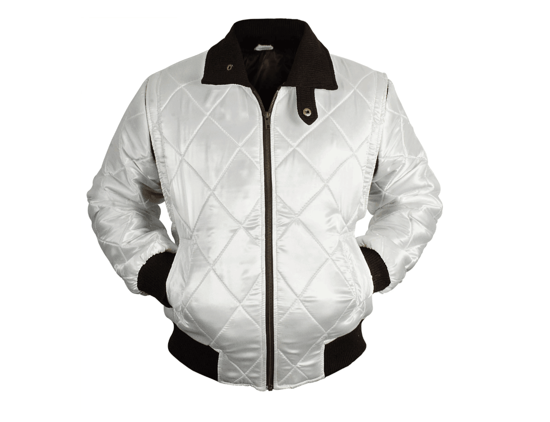 Ryan Gosling Drive Move White Satin Varsity Bomber Jacket with Golden Scorpion Embroidered Logo - MNCLeather
