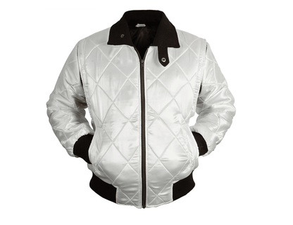 Ryan Gosling Drive Move White Satin Varsity Bomber Jacket with Golden Scorpion Embroidered Logo - MNCLeather
