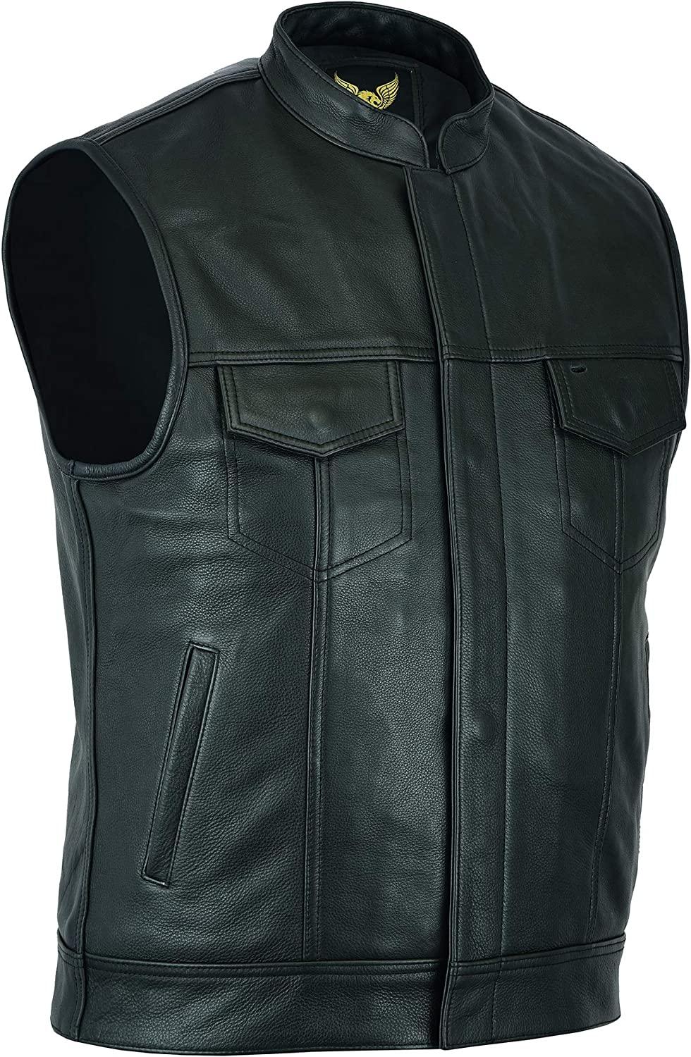 Men's Black Motorcycle Son of Anarchy Cowhide Sleeveless Leather Vest - MNCLeather
