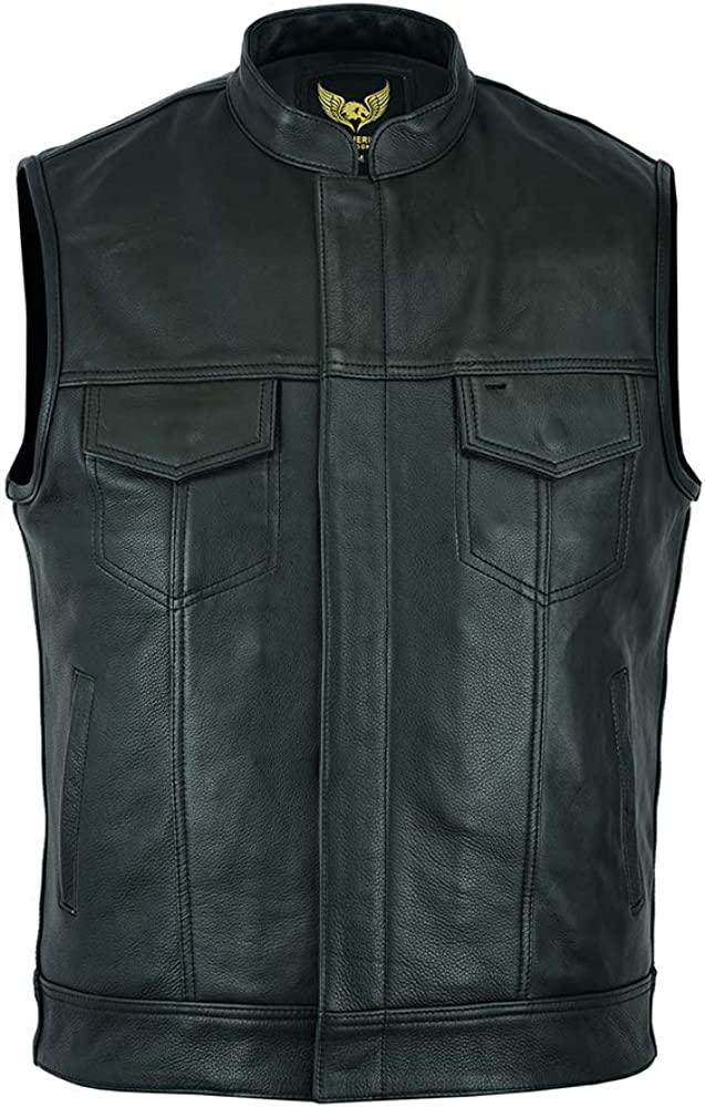 Men's Black Motorcycle Son of Anarchy Cowhide Sleeveless Leather Vest - MNCLeather