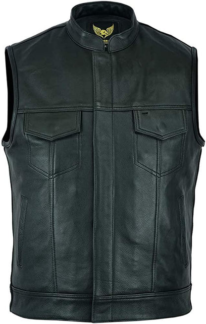 Men's Black Motorcycle Son of Anarchy Cowhide Sleeveless Leather Vest - MNCLeather