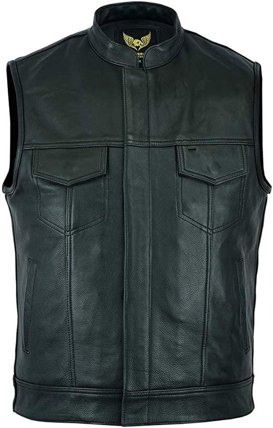 Men's Black Motorcycle Son of Anarchy Cowhide Sleeveless Leather Vest - MNCLeather