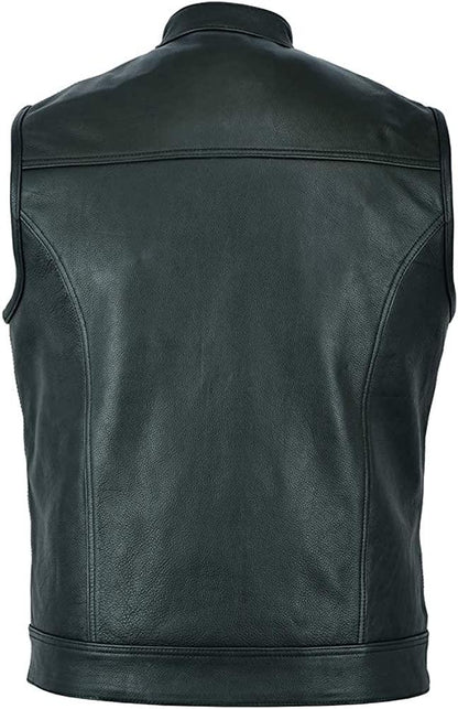 Men's Black Motorcycle Son of Anarchy Cowhide Sleeveless Leather Vest - MNCLeather