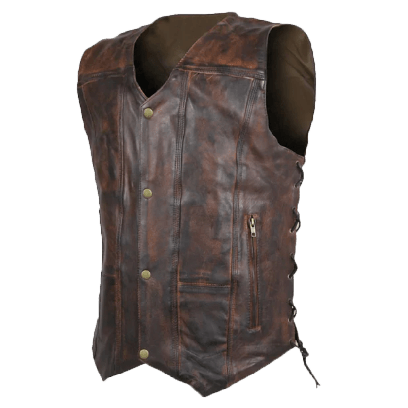 Dark Tan Waxed Indiana Button Closure Sleeveless Vest for Men - MNCLeather