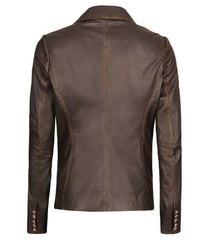 Distressed Brown Real Lambskin Leather Blazer for Women with Button Closure - MNCLeather