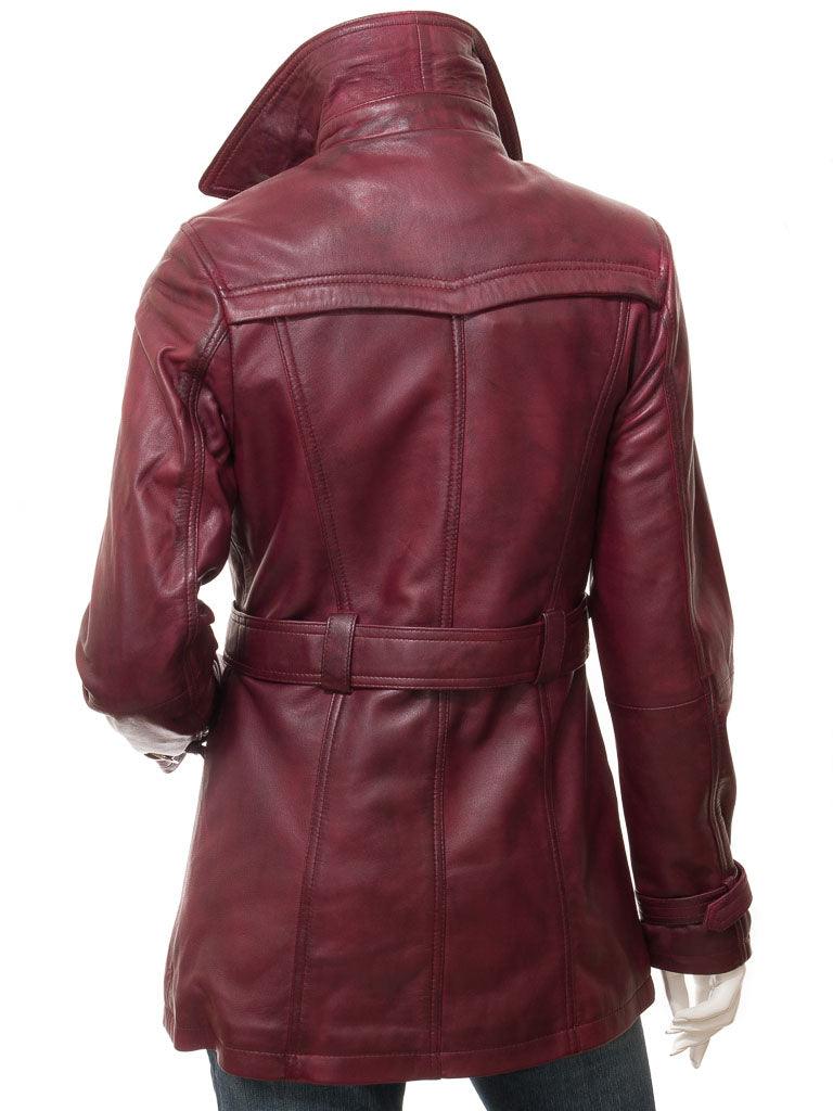 Casual Straight Fight Burgundy Red Long Length Trench Real Leather Overcoat for Women - MNCLeather