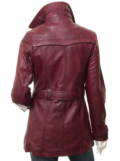 Casual Straight Fight Burgundy Red Long Length Trench Real Leather Overcoat for Women - MNCLeather
