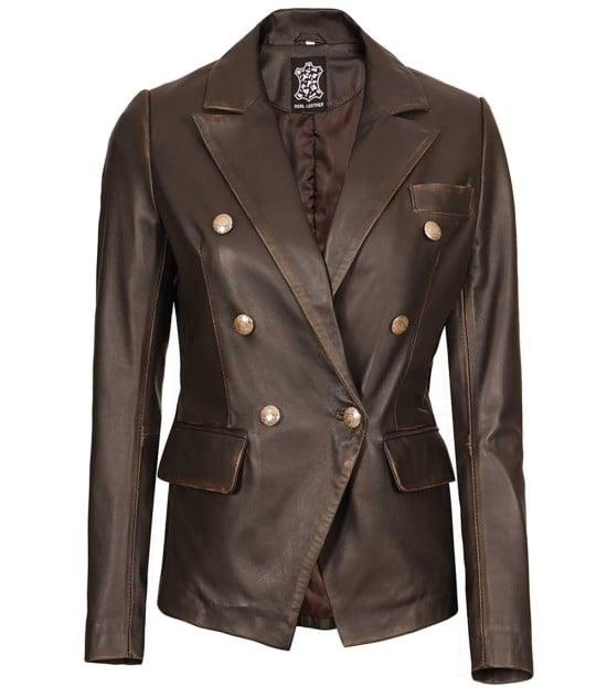 Distressed Brown Real Lambskin Leather Blazer for Women with Button Closure - MNCLeather