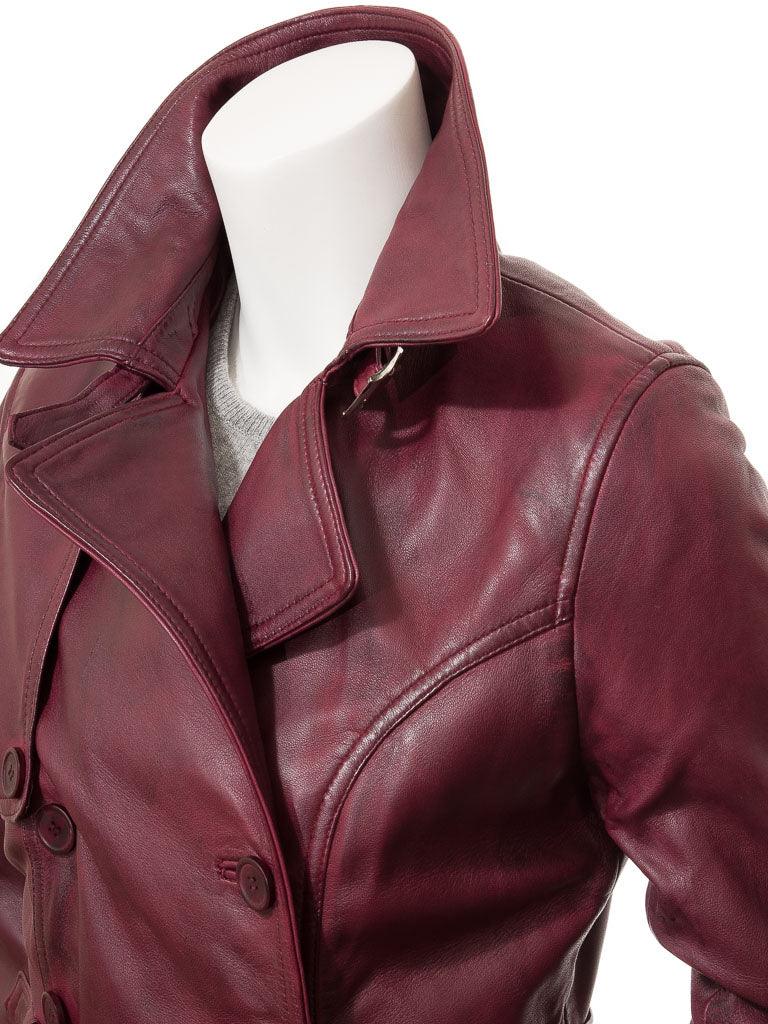 Casual Straight Fight Burgundy Red Long Length Trench Real Leather Overcoat for Women - MNCLeather