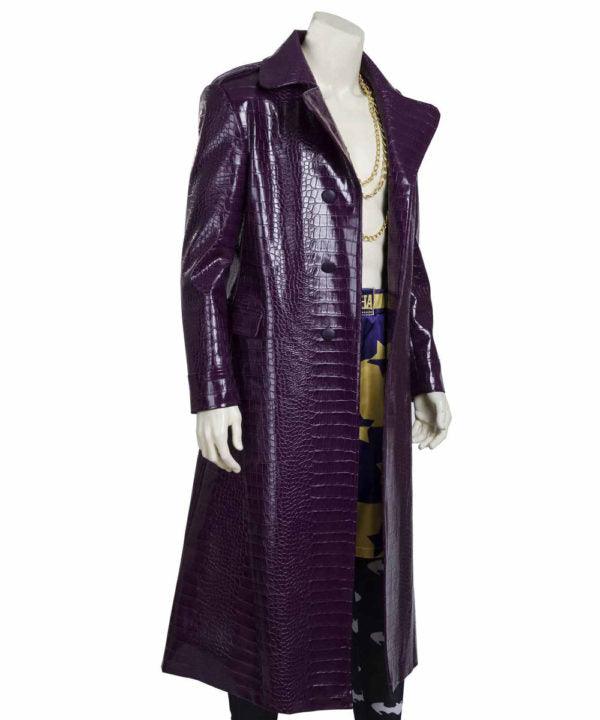 Suicide Squad Famous Joker Deep Purple Leather Trench Coat in Crocodile Patterns - MNCLeather