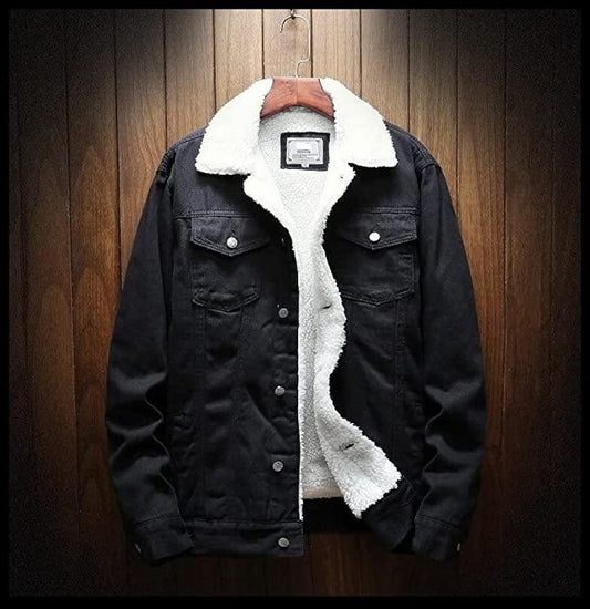 Distressed Black Lightweight Denim Jean Jacket for Men with Sherpa Lining - MNCLeather