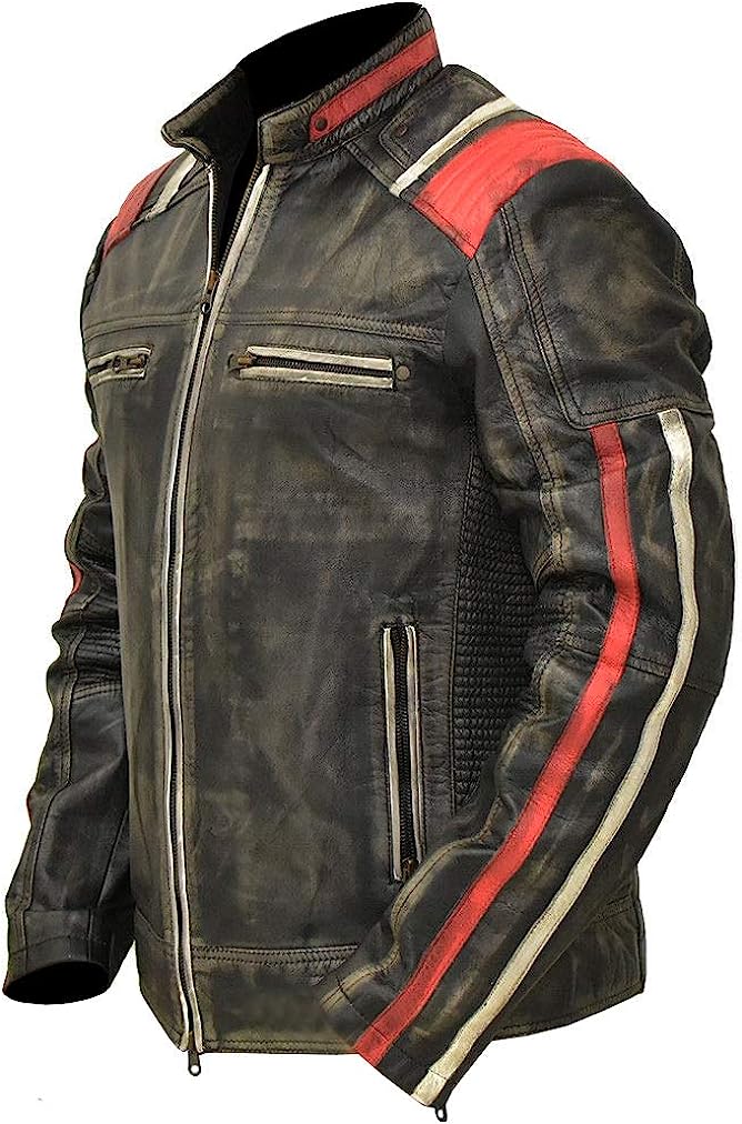 Men's Cafe Racer Retro 3 Motorcycle Lambskin Distressed Leather Jacket