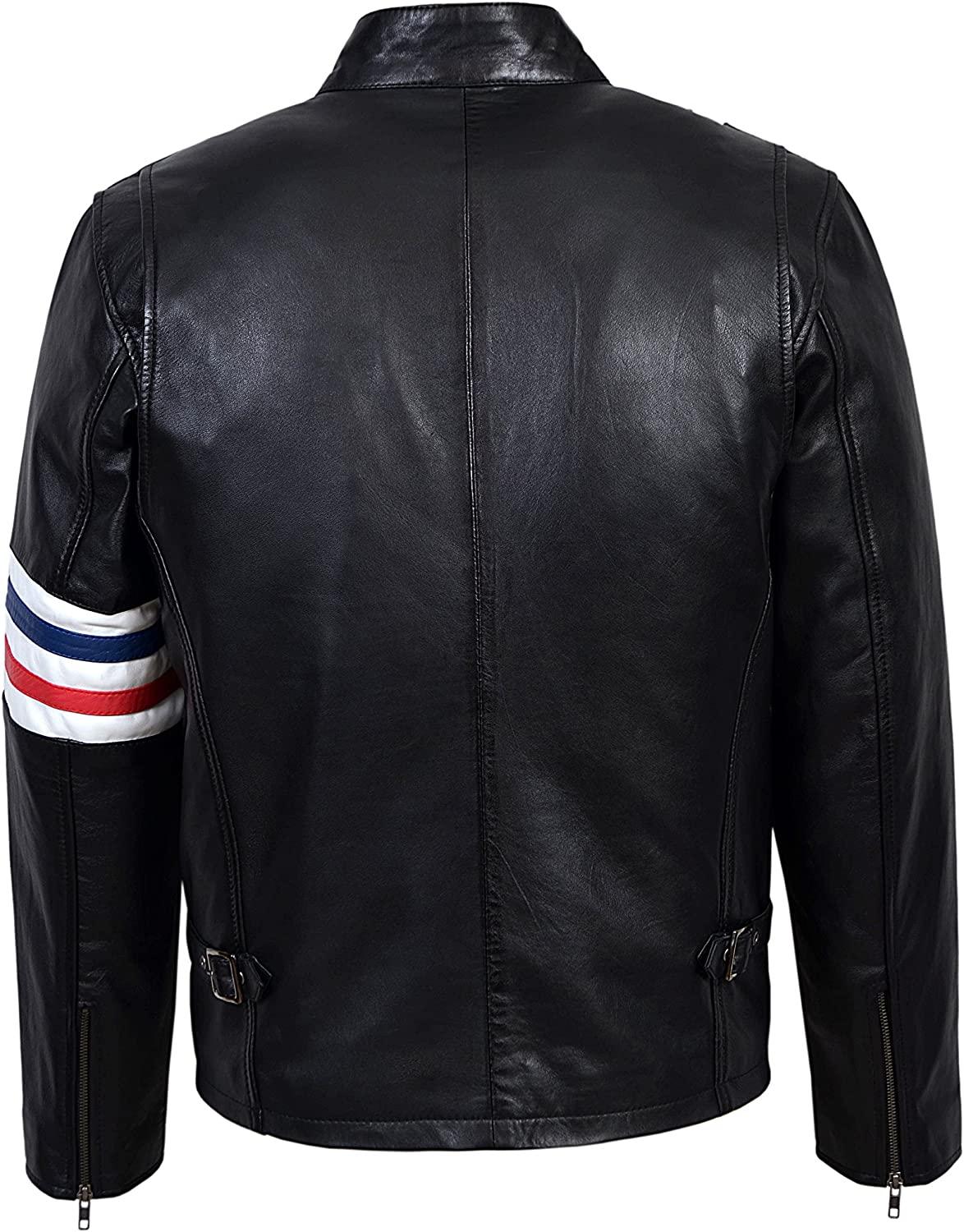 Black Red and Blue Striped Leather Motorcycle Jacket for Men - MNCLeather