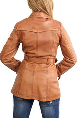 Tan Brown Long Length Leather Overcoat for Women - Genuine Lambskin Leather Coat