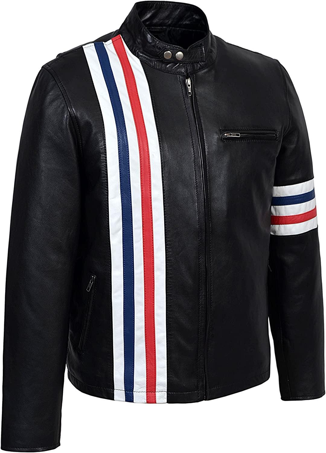 Black Red and Blue Striped Leather Motorcycle Jacket for Men - MNCLeather