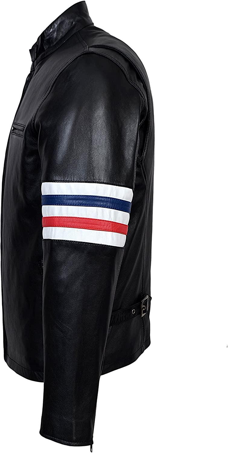 Black Red and Blue Striped Leather Motorcycle Jacket for Men - MNCLeather