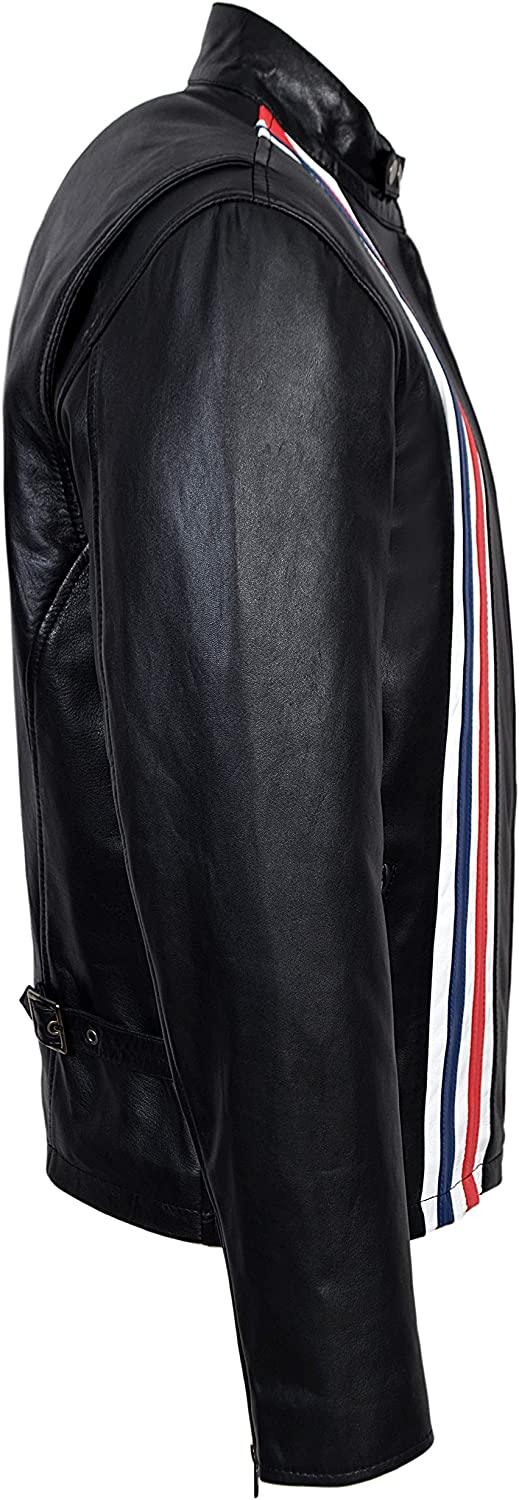 Black Red and Blue Striped Leather Motorcycle Jacket for Men - MNCLeather