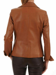 Sleek Fit Light Tan Brown Semi Formal Sports Leather Coat for Women - MNCLeather
